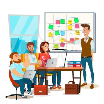Business Characters Team Work Vector. Planning Team Work At The Scrum Board. IT Startup. Isolated Flat Cartoon Illustration