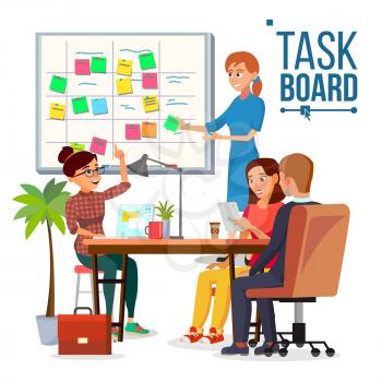 Business Characters Scrum Team Work Vector. Teamwork Scheme Planning On Whiteboard. Team Room Full Of Tasks On Sticky Note Cards. Isolated Flat Cartoon Illustration
