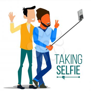 Men Taking Selfie Vector. Laughing. Photo Portrait Concept. Self Camera. Youth Concept. Modern Isolated People Illustration