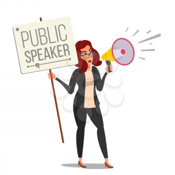 Woman Shouting Through Loud Speaker Vector. Leadership Female Speech. People On Strike. Demonstration Concept. Isolated Flat Cartoon Illustration