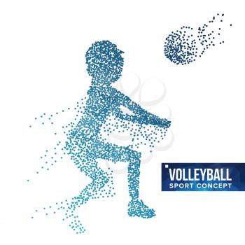 Volleyball Player Silhouette Vector. Grunge Halftone Dots. Dynamic Volleyball Athlete In Action. Dotted Particles. Sport Banner, Game, Event Concept. Isolated Illustration