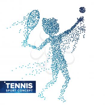 Tennis Player Silhouette Vector. Halftone Dots. Dynamic Tennis Athlete In Action. Flying Dotted Particles. Sport Banner, Game Competitions Concept. Isolated Abstract Illustration