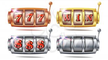 Slot Machine Set Vector. 777. Big Win Banner Element. Golden, Silver, Bronze. Spin Machine Template. Fortune Jackpot Casino Illustration