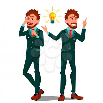 Solution Concept Vector. Businessman. Solution Of The Problem. Success Strategy. Brainstorming, Find Way Out. Great Idea. Promotion. Different Directions. Cartoon Illustration
