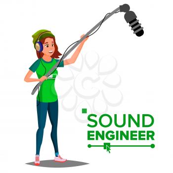 Sound Engineer Woman Vector. Professional Videography Studio. Journalist With Microphone. Cartoon Illustration