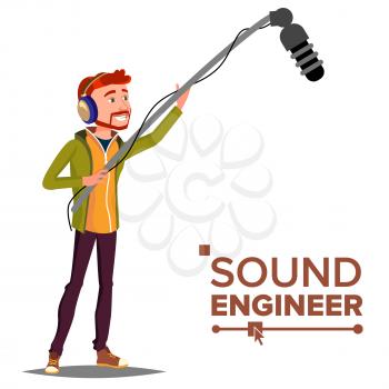 Sound Engineer Man Vector. Journalism Television Concept. Professional Videography Studio. Isolated Cartoon Illustration