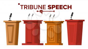 Tribune Set Vector. Podium Rostrum Stand With Microphones. Business Presentation Or Conference, Debate Speech. Cartoon Illustration