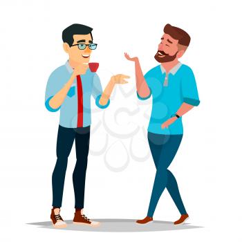 Talking Men Vector. Laughing Friends, Office Colleagues. Communicating Male. Meeting. Conversation, Analysis Concept. Business Person. Exchange Of Ideas. Isolated Flat Cartoon Illustration