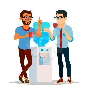 Water Cooler Gossip Vector. Modern Office Water Cooler. Laughing Friends, Office Colleagues Men Talking To Each Other. Communicating Male. Isolated Cartoon Character Illustration