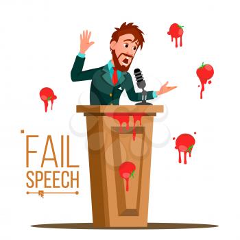 Businessman Fail Speech Vector. Unsuccessful Presentation. Bad Public Speech. Speaker Standing Behind A Rostrum. Having Tomatoes From Crowd. Illustration