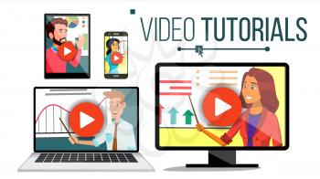Video Tutorial Vector. Streaming Application. Online Education. Broadcasting. Conference Or Webinar. Distance Knowledge Growth. Phone, Laptop, Notepad Monitor Webinar Training Illustration