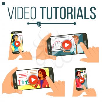 Video Tutorial Set Vector. Streaming Video. Online Education. Study And Learning Background. Business Concept. Internet Services. Webinar. Mobile. Online Screen With Player. Flat Illustration