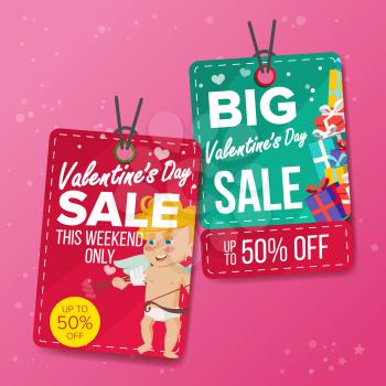 Valentine s Day Theme Sale Tags Vector. Flat Paper Hanging Love Stickers. Cupid. February 14 Discount Hanging Banners For Holiday Discount Promotion. Winter Illustration