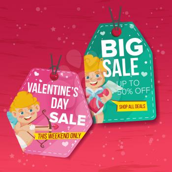 Valentine s Day Sale Tags Vector. Flat February 14 Special Offer Love Stickers. Cupid. 50 Off Text. Hanging Red, Green Banners With Half Price. Modern Illustration