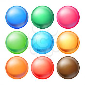 Round Spheres Set Vector. Set Opaque Multicolored Spheres With Glares, Shadows. Abstract Ellipse, Ball, Bubble, Button, Badge. Isolated Illustration