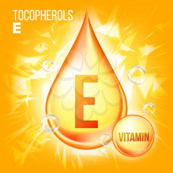Vitamin E Tocopherols Vector. Vitamin Gold Oil Drop Icon. Organic Gold Droplet Icon. Medicine Liquid. For Beauty, Cosmetic, Heath Promo Ads Design. Illustration