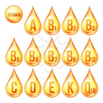 Vitamin Icons Set Vector. Organic Vitamin Gold Drop Icon. Droplet, Golden Substance. 3D Complex With Chemical Formula. Isolated Illustration
