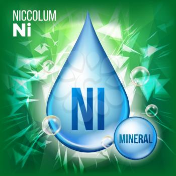 Ni Niccolum Vector. Mineral Blue Drop Icon. Vitamin Liquid Droplet Icon. Substance For Beauty, Cosmetic, Heath Promo Ads Design. 3D Mineral Complex Chemical Formula. Illustration