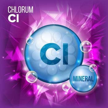 Cl Chlorum Vector. Mineral Blue Pill Icon. Vitamin Capsule Pill Icon. Substance For Beauty, Cosmetic, Heath Promo Ads Design. Mineral Complex With Chemical Formula. Illustration