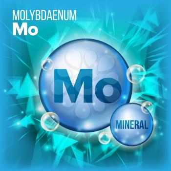 Mo Molybdaenum Vector. Mineral Blue Pill Icon. Vitamin Capsule Pill Icon. Substance For Beauty, Cosmetic, Heath Promo Ads Design. Mineral Complex With Chemical Formula. Illustration