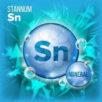 Sn Stannum Vector. Mineral Blue Pill Icon. Vitamin Capsule Pill Icon. Substance For Beauty, Cosmetic, Heath Promo Ads Design. Mineral Complex With Chemical Formula. Illustratio
