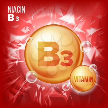 Vitamin B3 Niacin Vector. Vitamin Gold Oil Pill Icon. Organic Vitamin Gold Pill Icon. Medicine Capsule, Golden Substance. For Beauty, Cosmetic, Heath Promo Ads Design. Vitamin Complex. Illustration