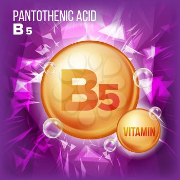 Vitamin B5 Pantothenic Acid Vector. Vitamin Gold Oil Pill Icon. Organic Vitamin Gold Pill Icon. Capsule, Golden Substance. For Beauty, Cosmetic Ads Design. Chemical Formula. Illustration
