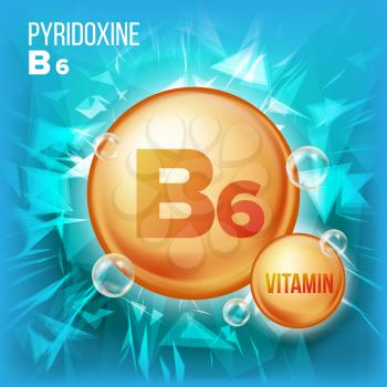 Vitamin B6 Pyridoxine Vector. Vitamin Gold Oil Pill Icon.Organic Vitamin Gold Pill Icon. For Beauty, Cosmetic, Heath Promo Ads Design. Vitamin Complex With Chemical Formula. Illustration