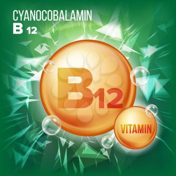 Vitamin B12 Cyanocobalamin Vector. Vitamin Gold Oil Pill Icon. Organic Vitamin Gold Pill Icon. For Beauty, Cosmetic, Heath Promo Ads Design. Vitamin Complex With Chemical Formula. Illustration
