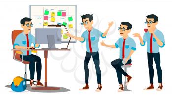 Business Man Character Vector. Working Asian Man. Asiatic. Environment Process Creative Studio. Web Developer Programming. Poses. Flat Cartoon Business Illustration
