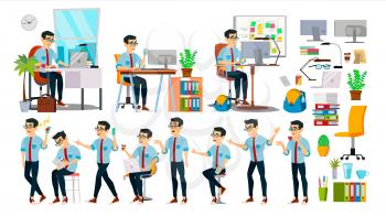 Business Man Character Vector. Working Asian People Set. Office, Creative Studio. Asiatic. Business Situation. Software Development. Programmer. Poses, Emotions Cartoon Illustration