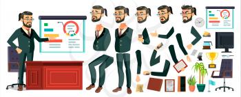 CEO Business Man Character Vector. Working Bearded CEO Male. Modern Office Workplace. Chief Executive Officer, General, Colonel, Capital. Animation Set. Face Emotions. Illustration