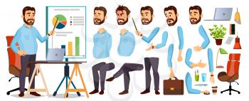 Boss Business Man Character Vector. Working Bearded CEO Male. Start Up. Modern Office Workplace. Chief Executive Officer, General, Colonel, Capital. Animation Set. Face Emotions. Illustration