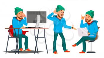 Business Man Character Vector. Working Male. Environment Process. Start Up. Bearded. Worker, Freelancer. Full Length. Programmer Developer, Manager Expressions Flat Business Character Illustration