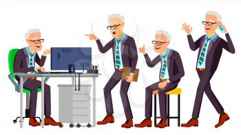 Old Office Worker Vector. Face Emotions, Various Gestures. Businessman Worker. Happy Job. Partner, Clerk, Servant, Employee Isolated Flat Cartoon Illustration