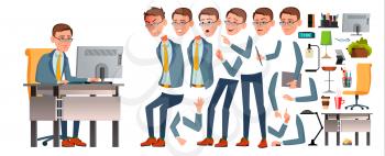 Office Worker Vector. Face Emotions, Various Gestures. Animation Creation Set. Business Man. Professional Cabinet Workman, Officer, Clerk. Isolated Cartoon Illustration