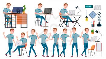 Office Worker Vector. Face Emotions, Various Gestures. Adult Entrepreneur Business Man. Happy Clerk, Servant, Employee. Isolated Flat Illustration