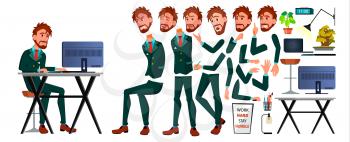 Office European Worker Vector. Face Emotions, Gestures. Animation Set. Business Man. Professional Cabinet Workman, Officer, Clerk. Isolated Cartoon Illustration