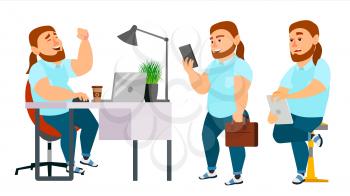 Business Man Character Vector. Working Boy, Man. Team Room. Brainstorming. Environment Process In Start Up Office. Programmer, Designer. Isolated On White Cartoon Business Character Illustration