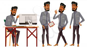 Arab Man Office Worker Vector. Business Set. Face Emotions, Various Gestures. Animated Elements. Scene. Arabic Business Worker. Career. Professional Workman, Officer Clerk Illustration