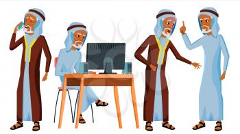 Arab Man Set Office Worker Vector. Set. Arabic, Muslim. Old. Emirates, Qatar, Uae. Face Emotions, Various Gestures. Animated Elements Office Businessman Human Modern Cabinet Employee Illustration
