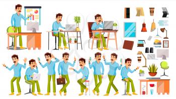 Business Man Character Vector. Working Man. Environment Process In Start Up Office, Studio. Male Programmer, Designer. Isolated On White Cartoon Business Character Illustration