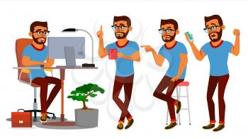 Business Man Character Vector. Working Hindu People Set. Office, Creative Studio. Bearded. Business Situation. Software Development. Programmer. Poses, Emotions Cartoon Character Illustration