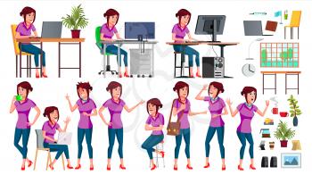 Office Worker Vector. Woman. Successful Officer, Clerk, Servant. Business Woman Worker. Face Emotions, Gestures Isolated Flat Illustration
