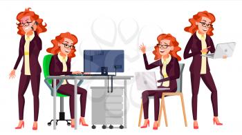 Office Worker Vector.Woman. Successful Officer, Clerk, Servant. Adult Business Woman. Face Emotions, Various Gestures. Isolated Flat Cartoon Illustration