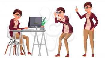 Office Worker Vector. Woman. Successful Officer, Clerk, Servant. Adult Business Woman. Face Emotions, Various Gestures. Isolated Flat Cartoon Illustration