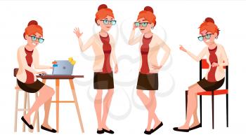 Office Worker Vector. Woman. Happy Clerk, Servant, Employee. Business Human. Face Emotions, Various Gestures Isolated Character Illustration