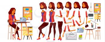 Office Worker Vector. Woman. Successful Officer, Clerk, Servant. Arab, Saudi Business Woman Worker. Face Emotions, Various Gestures. Animation Creation Set Flat Illustration
