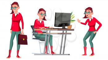 Office Worker Vector. Woman. Successful Officer, Clerk, Servant. Emo Hairstyle. Poses. Business Woman Worker. Face Emotions Gestures Isolated Flat Illustration