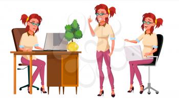 Office Worker Vector. Woman. Successful Officer, Clerk, Servant. Poses. Adult Business Woman. Face Emotions, Various Gestures Isolated Flat Cartoon Illustration